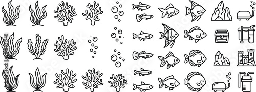 Aquarium outline element collection with tropical fish, coral reefs and underwater decoration vector illustration set
