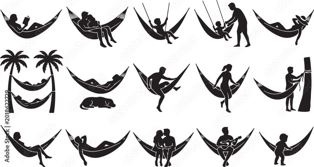 Fototapeta premium Set of black silhouettes showing people relaxing and playing in hammocks during summer vacation and leisure time in various poses and activities isolated on white background, Vector, illustration