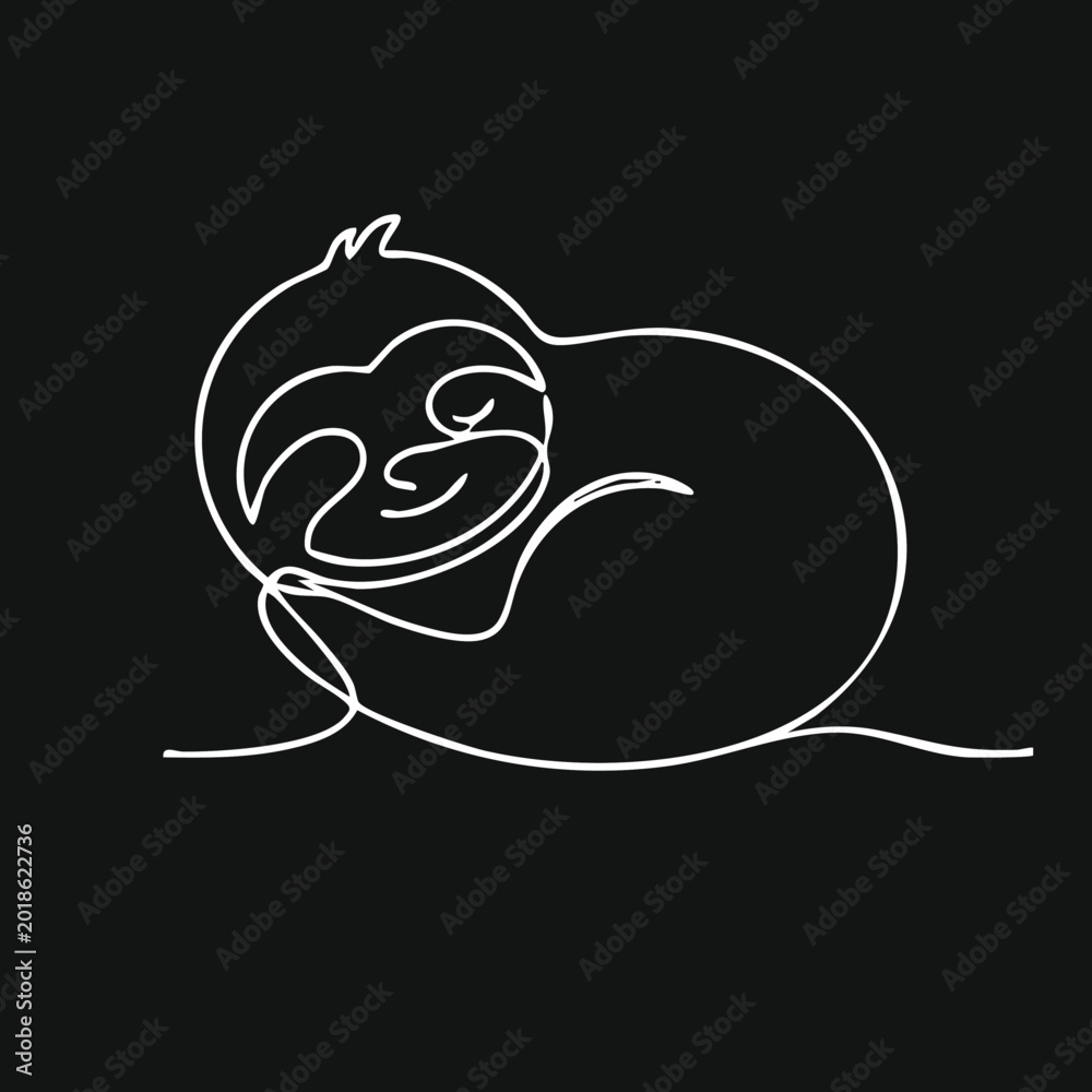Fototapeta premium Sleeping Sloth One Line Art. Minimalist continuous line drawing of a peaceful animal curled up on a black background.