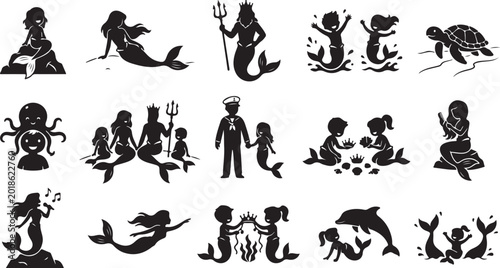 Foto Set of black mermaid and merman silhouette icons featuring sea creatures and und