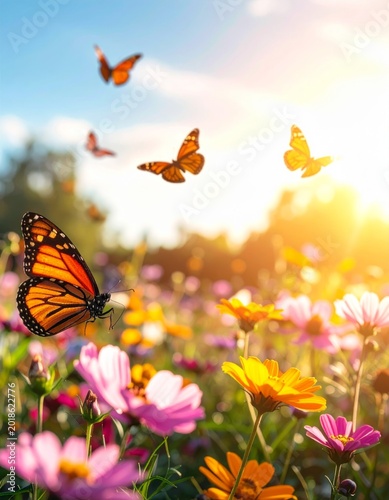 Butterfly in Vibrant Flower Field Under Bright Blue Sky