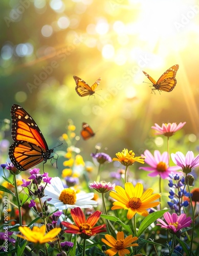 Vibrant Monarch Butterflies Among Colorful Wildflowers in Sunlight