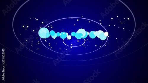 Abstract blue circles and white particles floating in a rhythmic motion on a dark background
