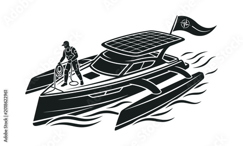 Photos A professional sailor operates a modern solar powered trimaran boat with a compa