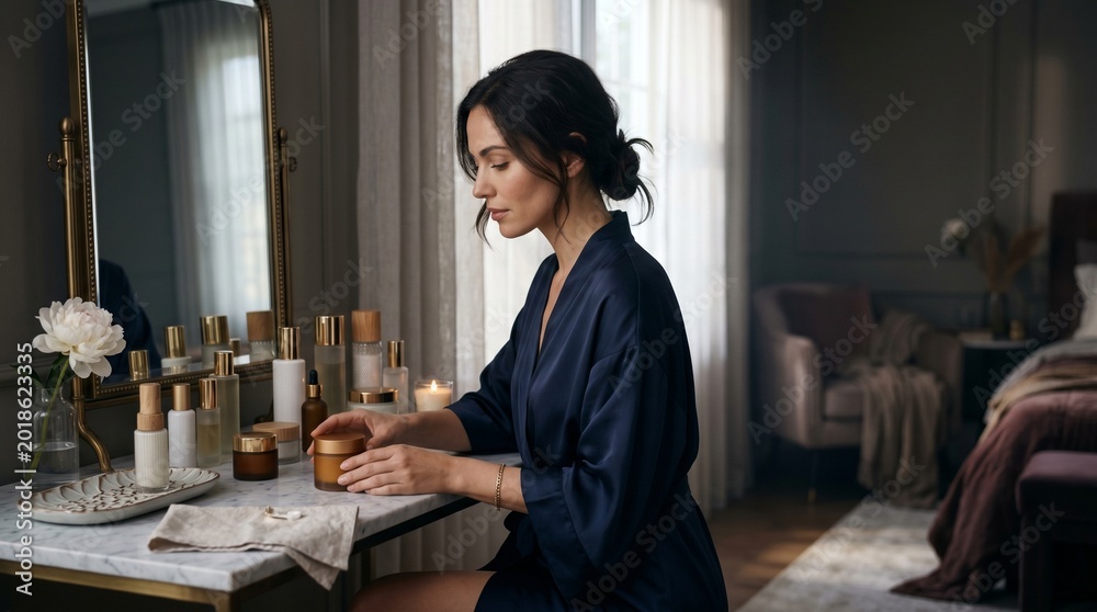 Fototapeta premium Woman in silk robe applying cosmetic cream at a bedroom vanity table