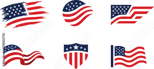 American flag logo collection. patriotic USA symbols, stars, stripes, shields, and waving flag vector designs for branding and celebrations.