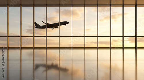 Airport terminal with plane silhouette, symbolizing journey, business travel, flight, and international tourism.