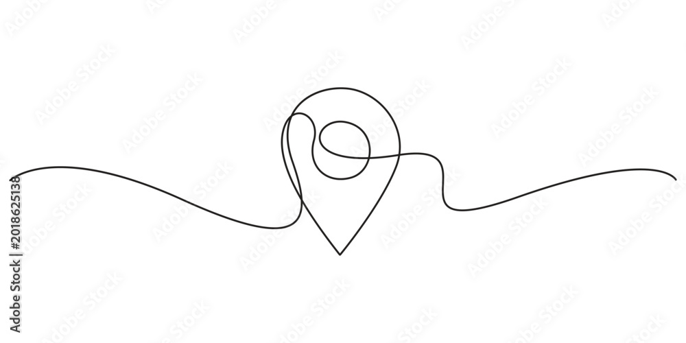 Obraz premium Title: Location pin continuous one line drawing for navigation and travel map concept. Minimalist one line art of a map pointer icon for GPS and destination branding.