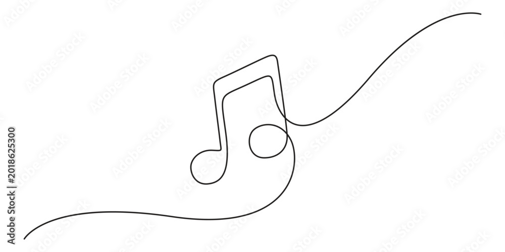 Obraz premium Music note one line art minimalist melody icon vector illustration for audio branding. Minimalist continuous line drawing of a musical eighth note, perfect for audio and song logos.