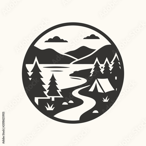 Vintage Camping Scene Circular Emblem with Mountains Lake and Trees