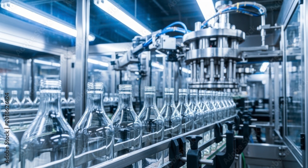 Fototapeta premium Empty glass bottles moving on a conveyor belt in an automated factory, industrial production line for beverage bottling.