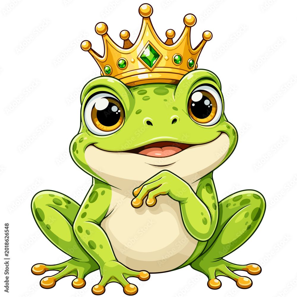Fototapeta premium Frog wearing a crown sits happily with a smile in bright cartoon style in a simple, colorful design vector icon on a transparent background 