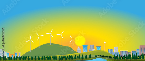 City view with wind turbines in the morning.