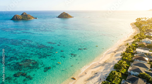 Aerial view of a tropical beach with turquoise water and palm trees, showcasing the Mokulua Islands in the distance.