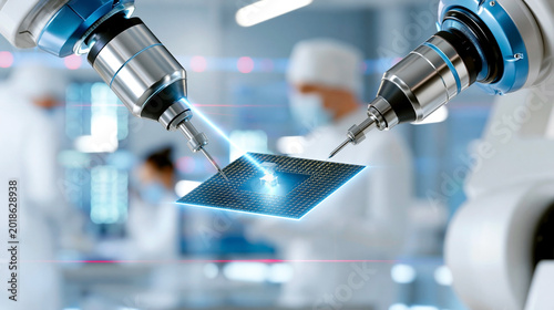 Advanced robotic arms manufacturing semiconductor chip in high tech laboratory, geopolitics and global chip war concept with artificial intelligence and innovation theme