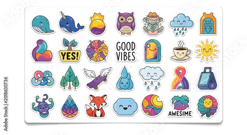 Canvastavla Cute Kawaii Stickers Set: Animals, Clouds, Sun, Moon, Coffee, Nature, Positive V