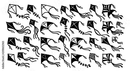 Cuadro en lienzo Creative flying kite silhouette vector set with playful decorative airborne desi