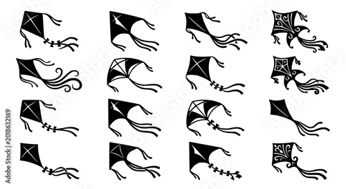 Schilderij op canvas Playful flying kite silhouette vector set with decorative festival kite collecti