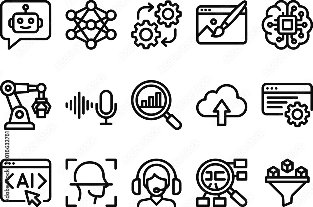 Fototapeta premium AI, automation, and technology icons, 16 line style symbols
