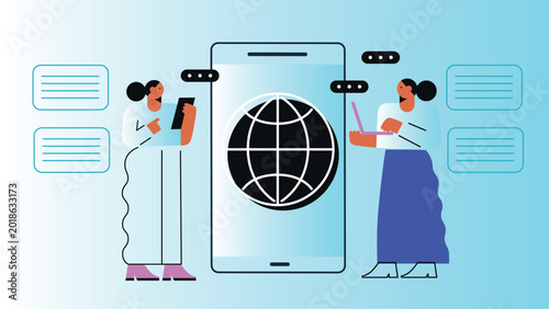 Art & Illustration Smartphone with male and female profiles. Friends chatting. New generation. The concept of social networks, virtual relationships. Friends chatting and texting. Vector illustration.