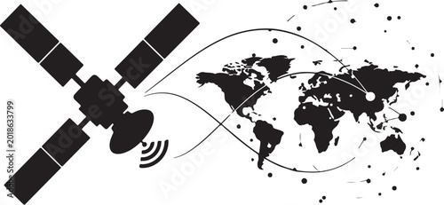 Satellite in Orbit Around the World Map Silhouette