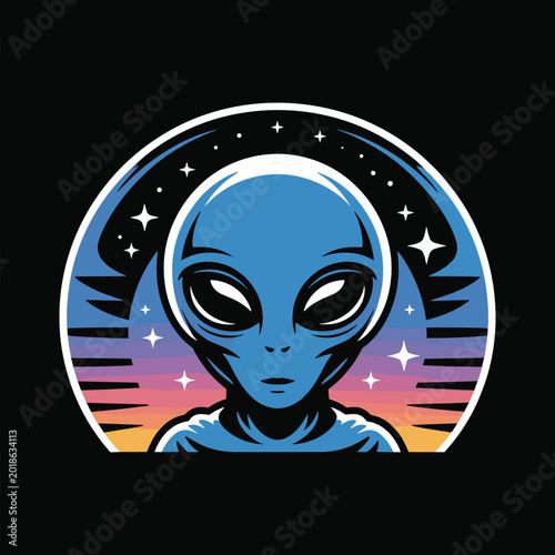 Retro Alien Head Mascot with Neon Space Background. Cute Extraterrestrial Character Vaporware Sci Fi Illustration.