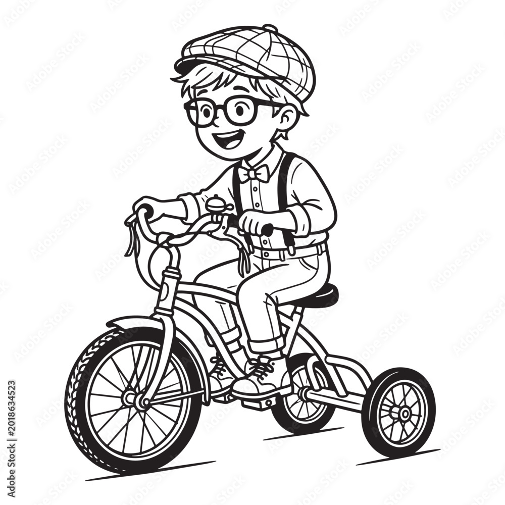 Naklejka premium Happy child riding small bicycle with training wheels