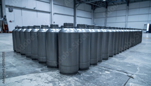 Industrial rows of sturdy grey steel canisters arranged neatly across a cold concrete warehouse floor, creating a cinematic wide angle view that captures professional logistics and storage capacity.