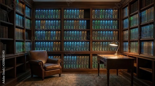 A sophisticated home library featuring shelves filled with glowing server hardware that replaces traditional books, creating a unique fusion of antique wooden study aesthetics and modern technology.