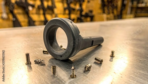 Tactical polymer component and small metal springs on a work bench, close up shot of firearm assembly parts for repair or maintenance in a professional shop setting, widescreen landscape image.