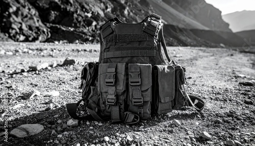 Rugged tactical vest with heavy nylon straps and utility pouches placed on a rocky ground in a vast mountain terrain, perfect for military, security, or outdoor survival gear concepts in widescreen.