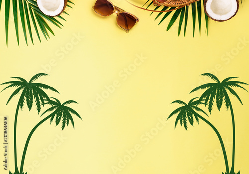 Tropical Haven: A serene composition featuring palm fronds, coconut, and sunglasses, evokes a sense of tropical vacation, perfect for evoking a carefree getaway.