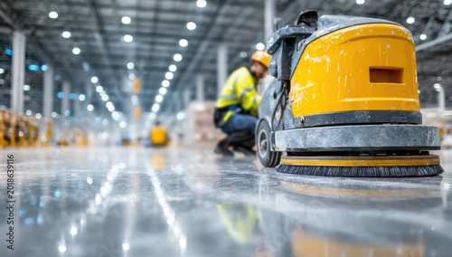 Industrial Floor Cleaning Machine Polishing Large Warehouse Floor.