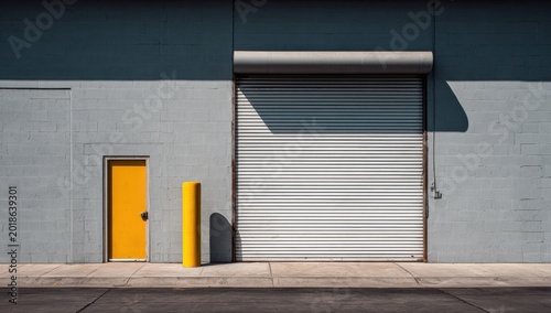 Industrial Building Exterior with Yellow Door and Rolling Gate.