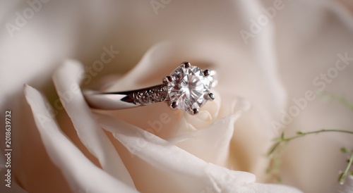 Stunning Diamond Engagement Ring Resting on Delicate Rose Petals.