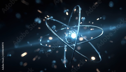 Abstract Atomic Structure with Glowing Nucleus and Orbiting Electrons.