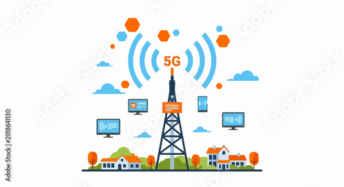 5G Network Technology Illustration with Telecommunication Tower and Connected Devices in a Smart City Landscape