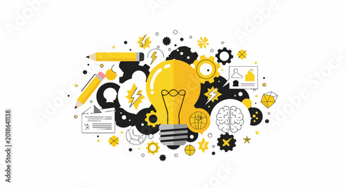 Creative Innovation and Brainstorming Concept Illustration with Light Bulb, Brain, and Gears for Business Strategy and Problem Solving
