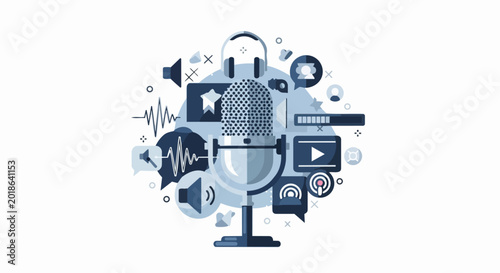 Professional Podcast Microphone Flat Illustration with Audio Recording and Multimedia Streaming Icons