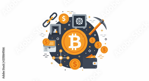 Bitcoin and Cryptocurrency Technology Concept Illustration with Blockchain Mining and Digital Wallet Icons