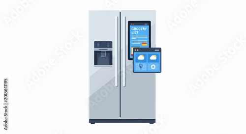Modern Smart Fridge Illustration with Digital Touchscreen Display showing Grocery List and Weather App Interface on Silver Side-by-Side Refrigerator