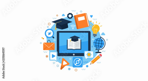 Online Education and E-Learning Concept Illustration with Digital Tablet and Academic Icons for Distance Learning, Webinar, and Virtual Classroom Design