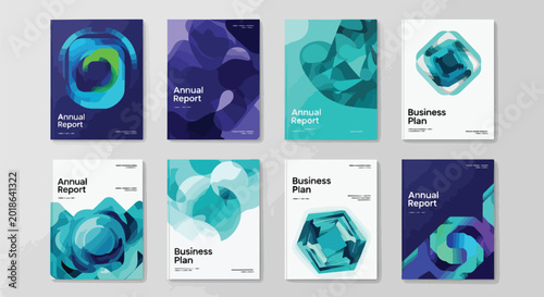 Modern abstract fluid cover designs with dynamic organic shapes and vibrant gradient colors, concept for corporate annual reports, business plans and professional presentations