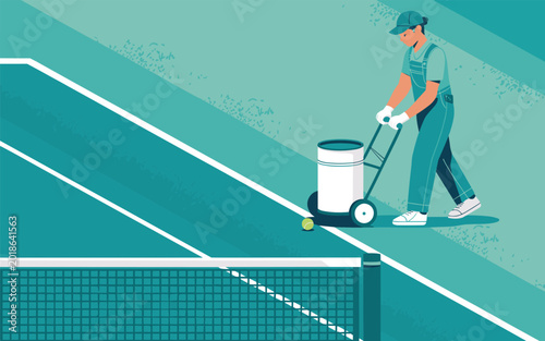 Man cleaning tennis court with a machine on a sunny day outdoors