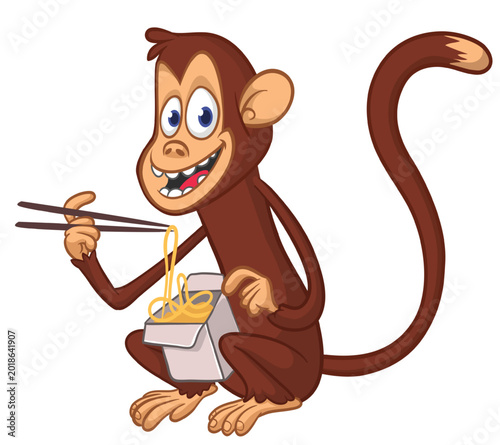 Canvas Print Cartoon funny hungry monkey eating fast food hot noodles or ramen from meal box