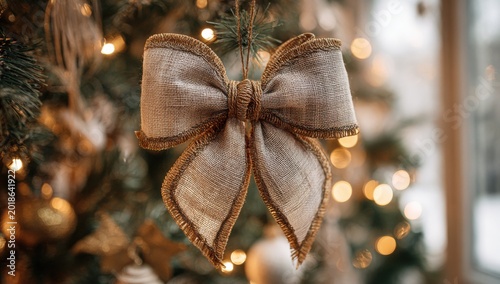 Close-up of a Rustic Burlap Bow Ornament on a Christmas Tree.