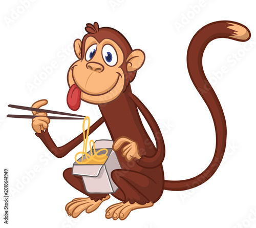 Photography Cartoon funny hungry monkey eating fast food hot noodles or ramen from meal box