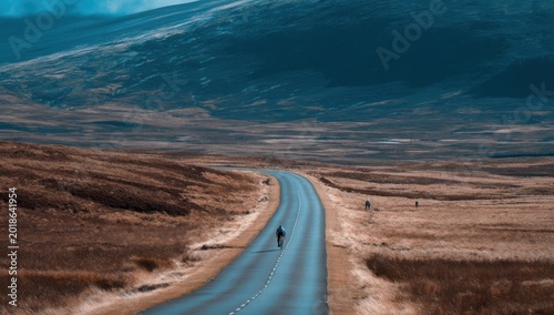 Lone Traveler on a Winding Road Through a Vast, Arid Landscape.