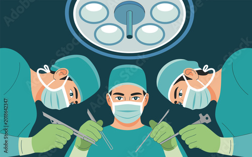 Surgeons perform surgery with medical tools in a sterile hospital environment