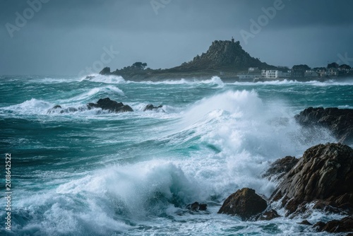Dramatic Stormy Seas Crashing Against Rocky Coastline with Distant Island.